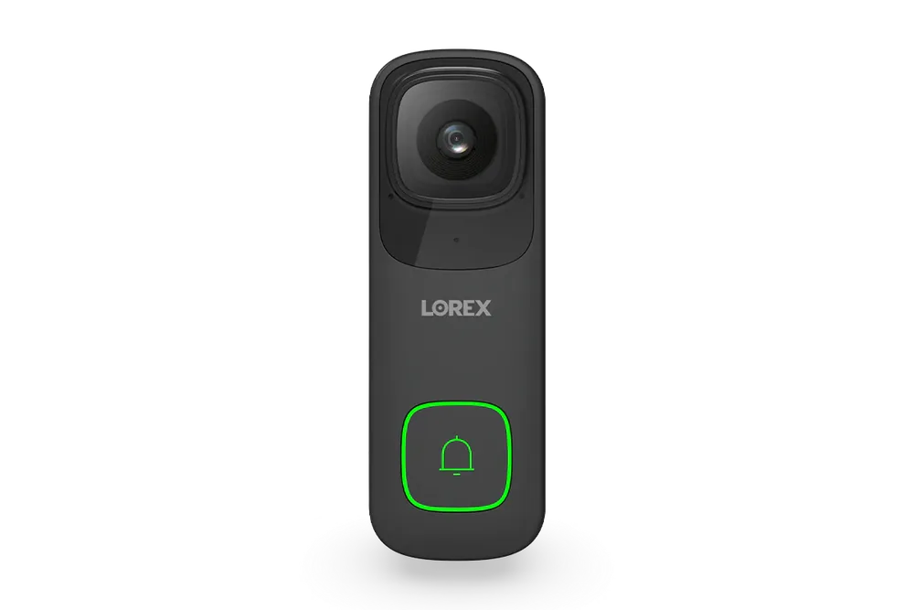 Black Lorex doorbell camera with a lens and "LOREX" text. Green bell icon is illuminated on the button. Gray gradient background.