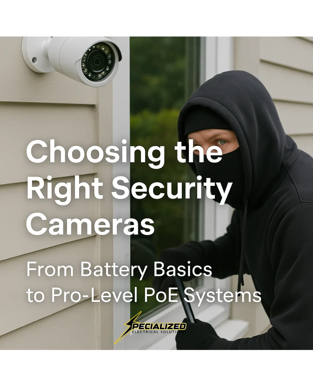 A burglar dressed in dark clothing attempts to pry open a door while a white security camera captures the scene. Bold text highlights camera system options, and the Specialized Electrical Solutions logo is visible, emphasizing home security and surveillance.