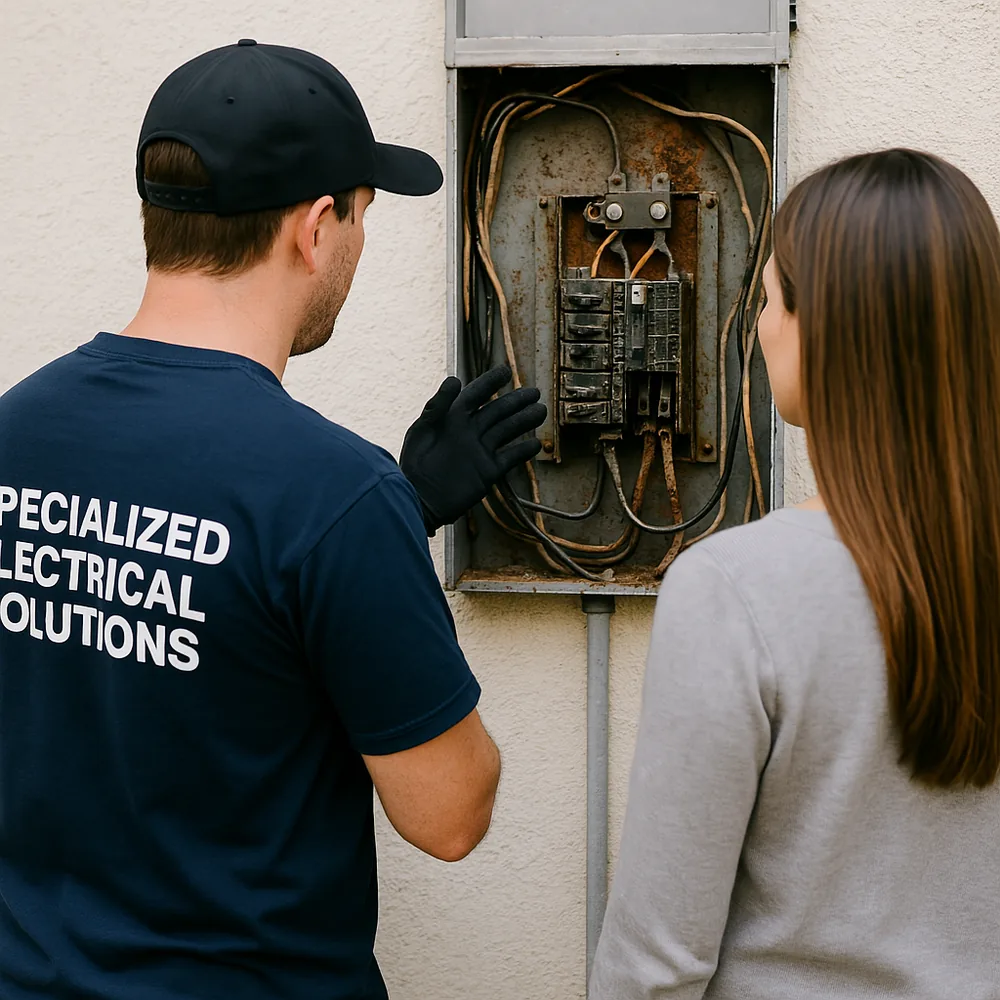 An electrician wearing a "Specialized Electrical Solutions" shirt points at an old electrical panel while speaking with a homeowner inside a residential spac