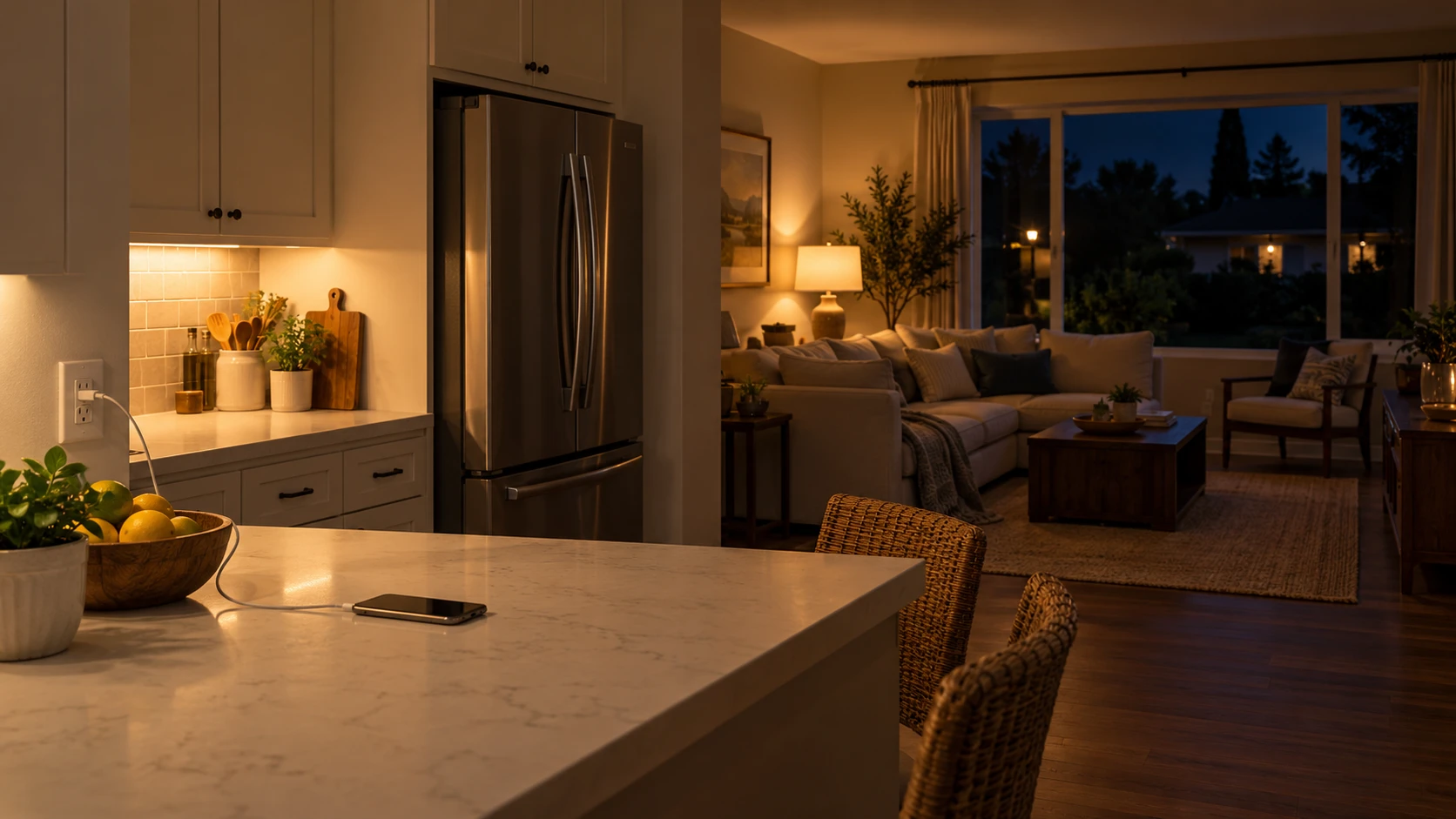 Illustration of a softly lit home kitchen with a refrigerator and a phone charging during an evening outage