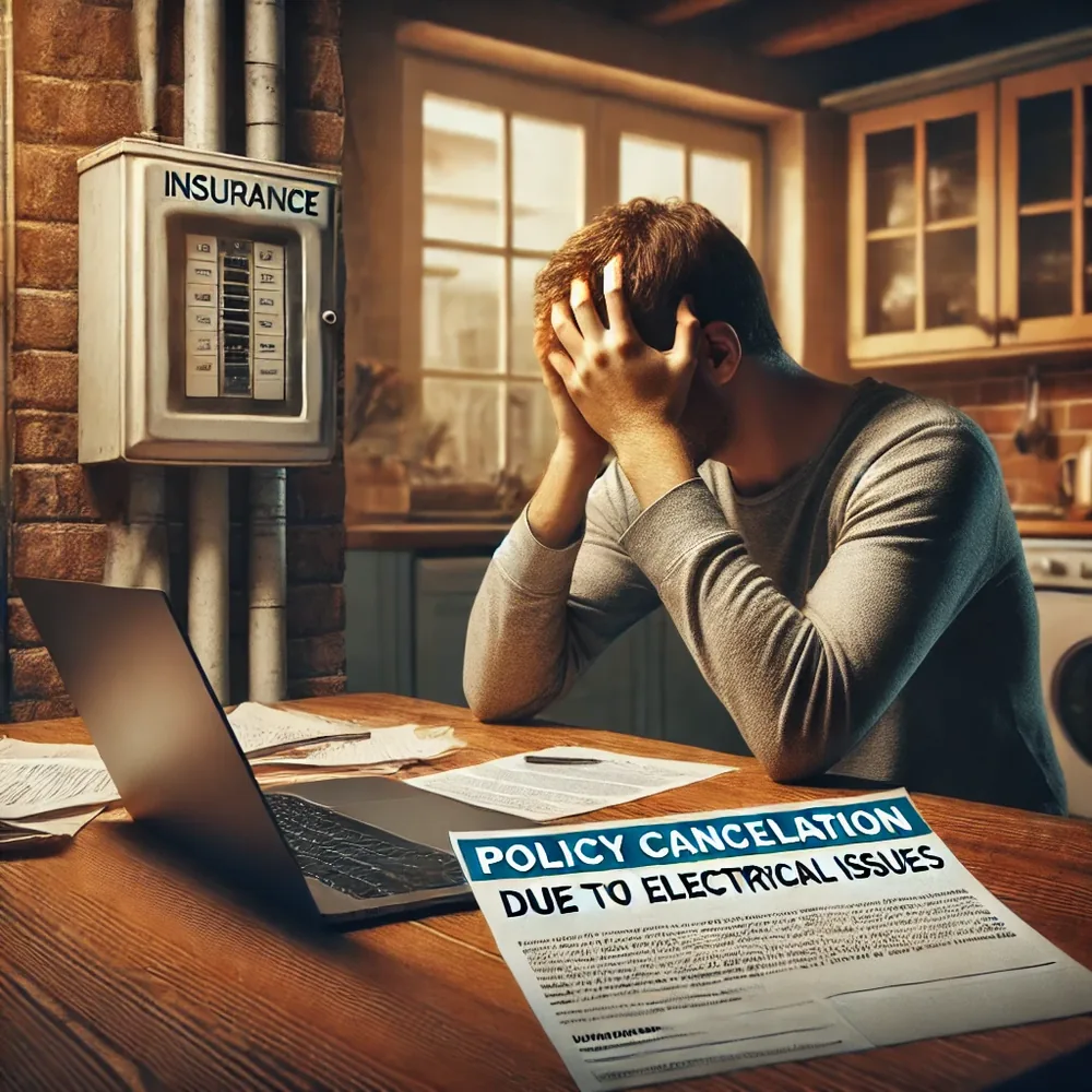 Stressed homeowner holding an insurance cancellation notice in front of their home with outdated electrical system.