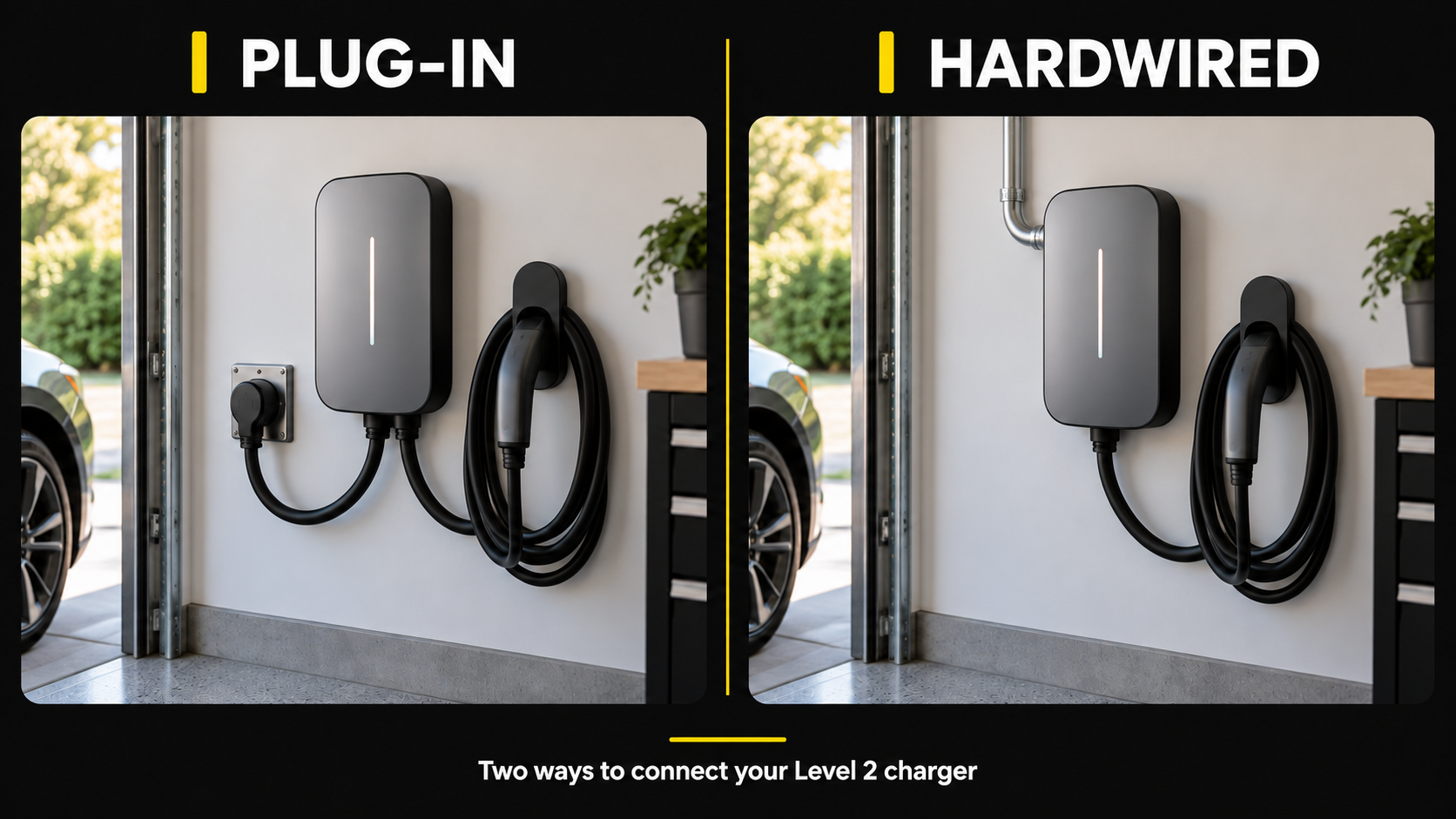 Illustration comparing a plug-in Level 2 charger and a hardwired Level 2 charger